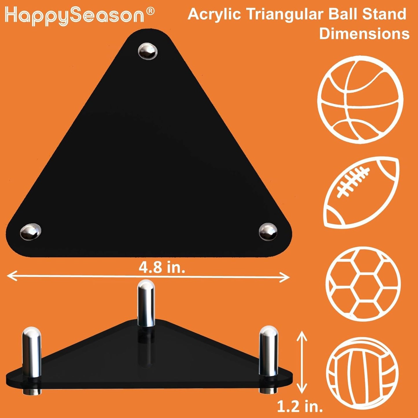Happyseason 2-Pack Acrylic Football Stand, Basketball Stand with Stainless Steel Rods, Soccer Ball Holder, Volleyball Holder, Round-Edge Rack for Balls, Easy to Assemble (Black)