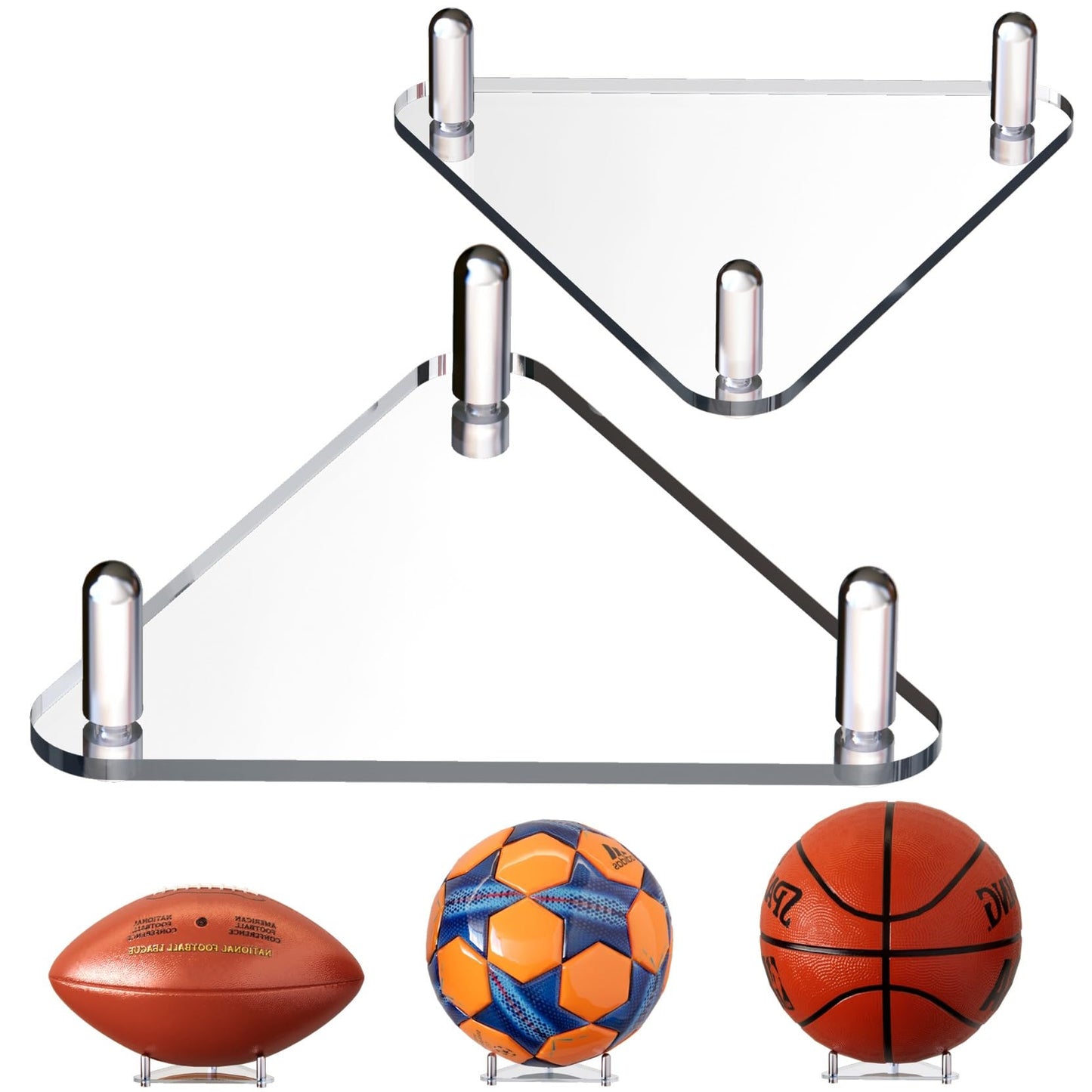 Happyseason 2-Pack Acrylic Football Stand, Basketball Stand with Stainless Steel Rods, Soccer Ball Holder, Volleyball Holder, Round-Edge Rack for Balls, Easy to Assemble (Black)