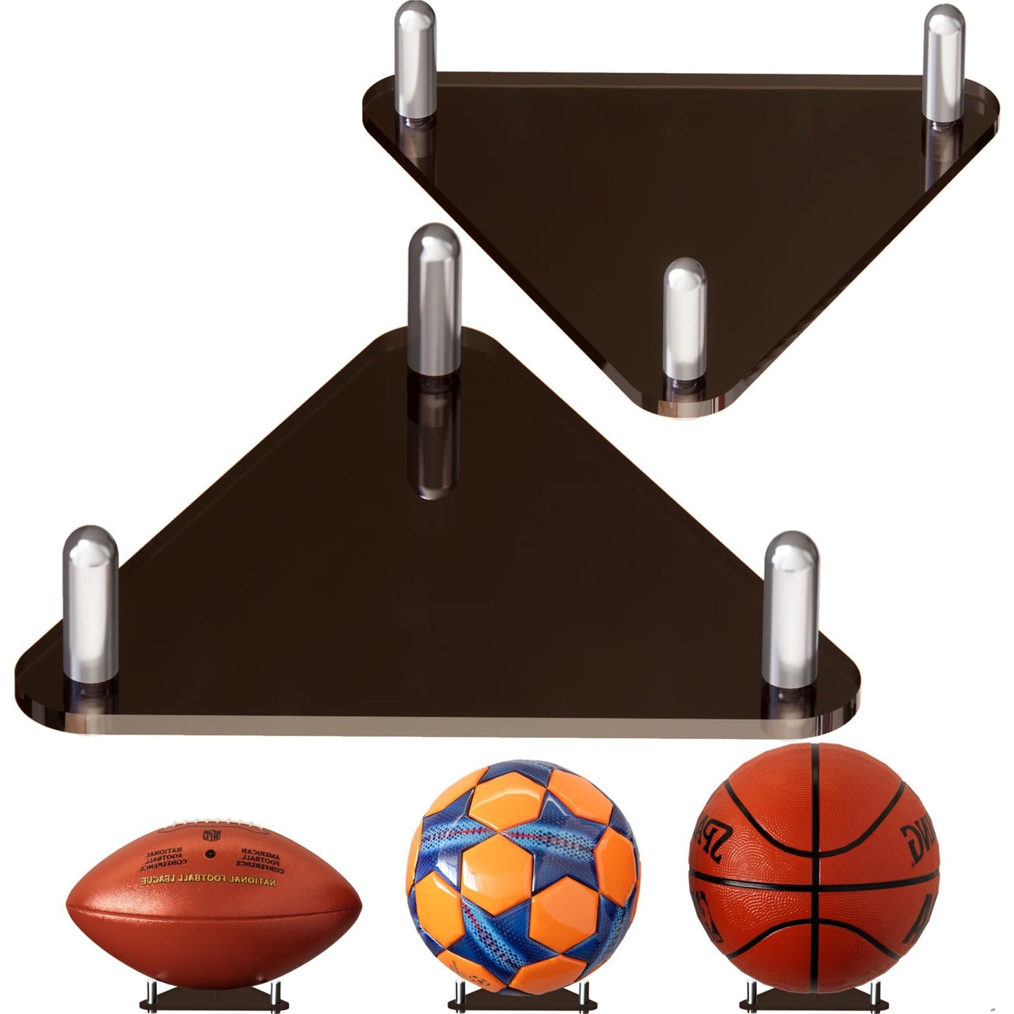 Happyseason 2-Pack Acrylic Football Stand, Basketball Stand with Stainless Steel Rods, Soccer Ball Holder, Volleyball Holder, Round-Edge Rack for Balls, Easy to Assemble (Black)