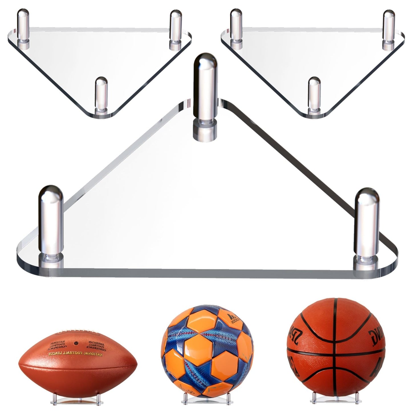 Happyseason 2-Pack Acrylic Football Stand, Basketball Stand with Stainless Steel Rods, Soccer Ball Holder, Volleyball Holder, Round-Edge Rack for Balls, Easy to Assemble (Black)