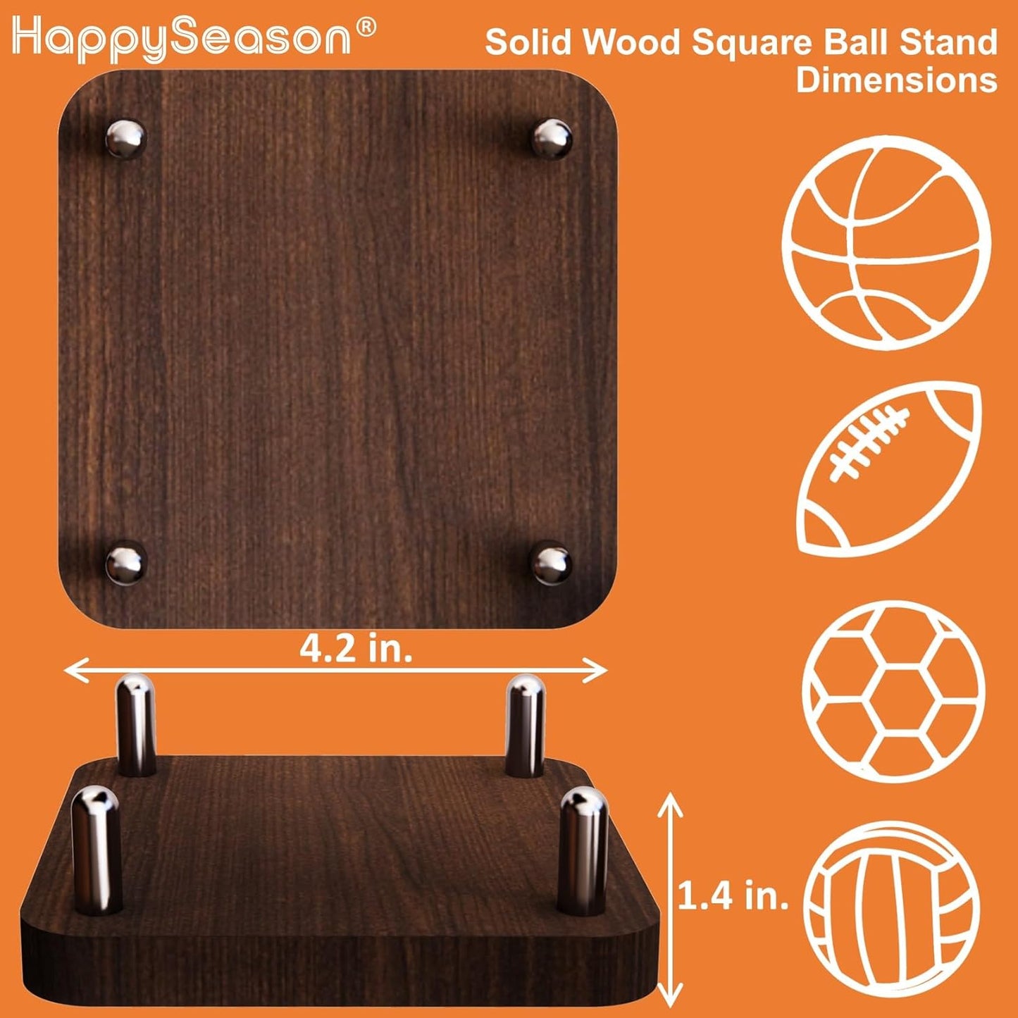 Happyseason 2-Pack Square Wood Football Stand, Basketball Stand with Stainless Steel Rods, Soccer Ball Holder, Volleyball Holder, Round-Edge Design for Balls, Easy to Assemble (Brown)