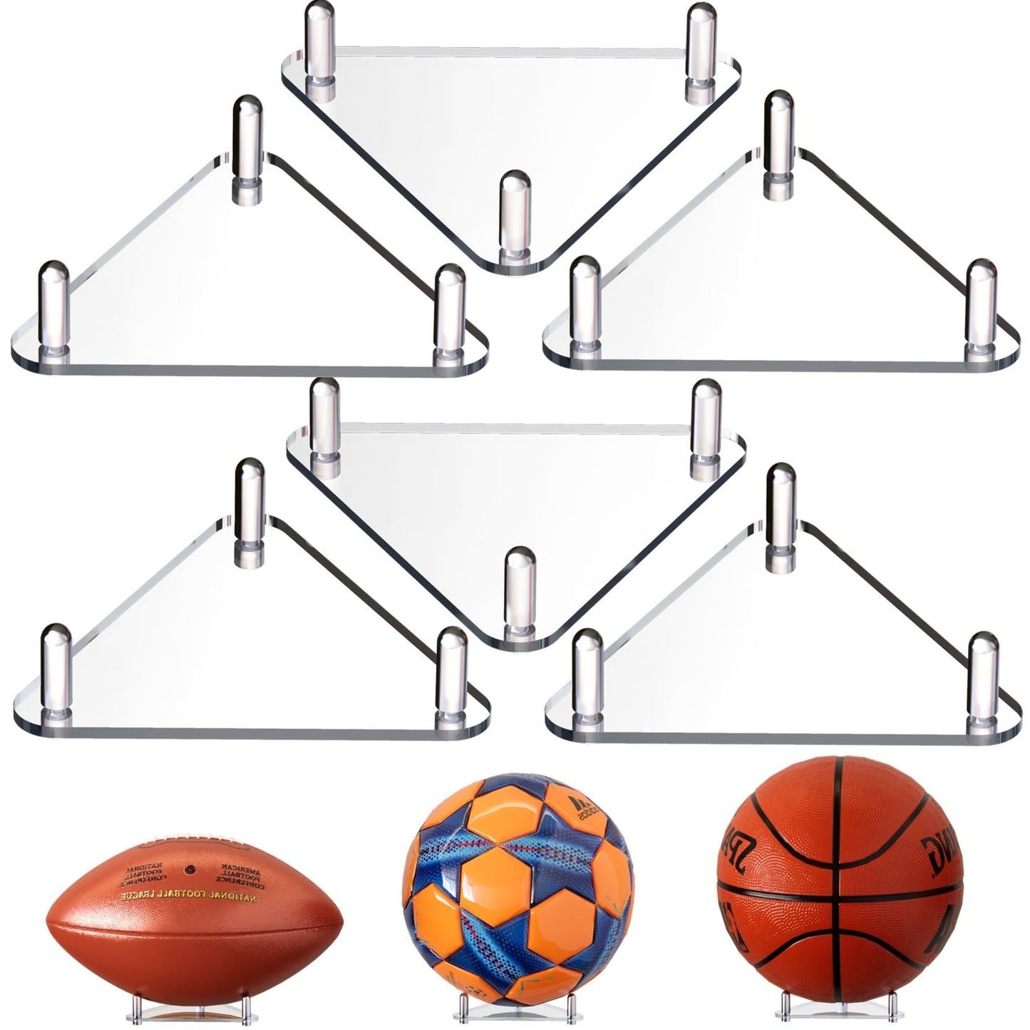 Happyseason 2-Pack Acrylic Football Stand, Basketball Stand with Stainless Steel Rods, Soccer Ball Holder, Volleyball Holder, Round-Edge Rack for Balls, Easy to Assemble (Black)