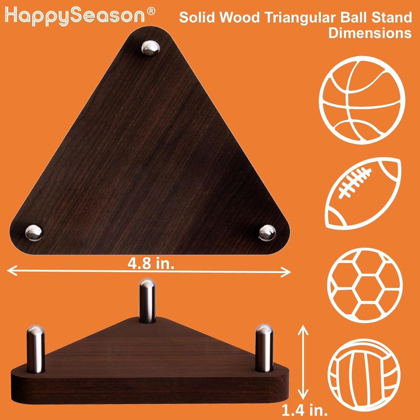 Happyseason 2-Pack Wood Football Stand, Basketball Stand with Stainless Steel Rods, Soccer Ball Holder, Volleyball Holder, Round-Edge Rack for Balls, Easy to Assemble (Brown)