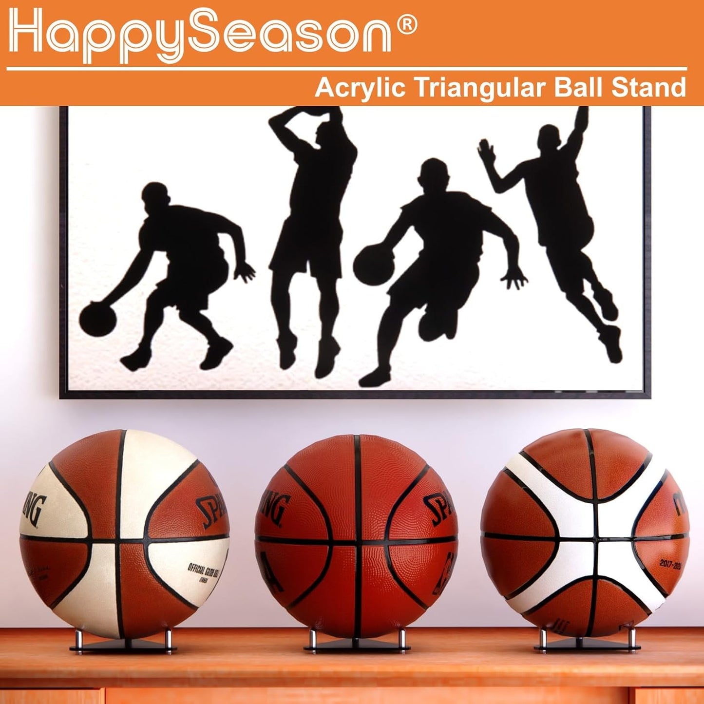 Happyseason 2-Pack Acrylic Football Stand, Basketball Stand with Stainless Steel Rods, Soccer Ball Holder, Volleyball Holder, Round-Edge Rack for Balls, Easy to Assemble (Black)