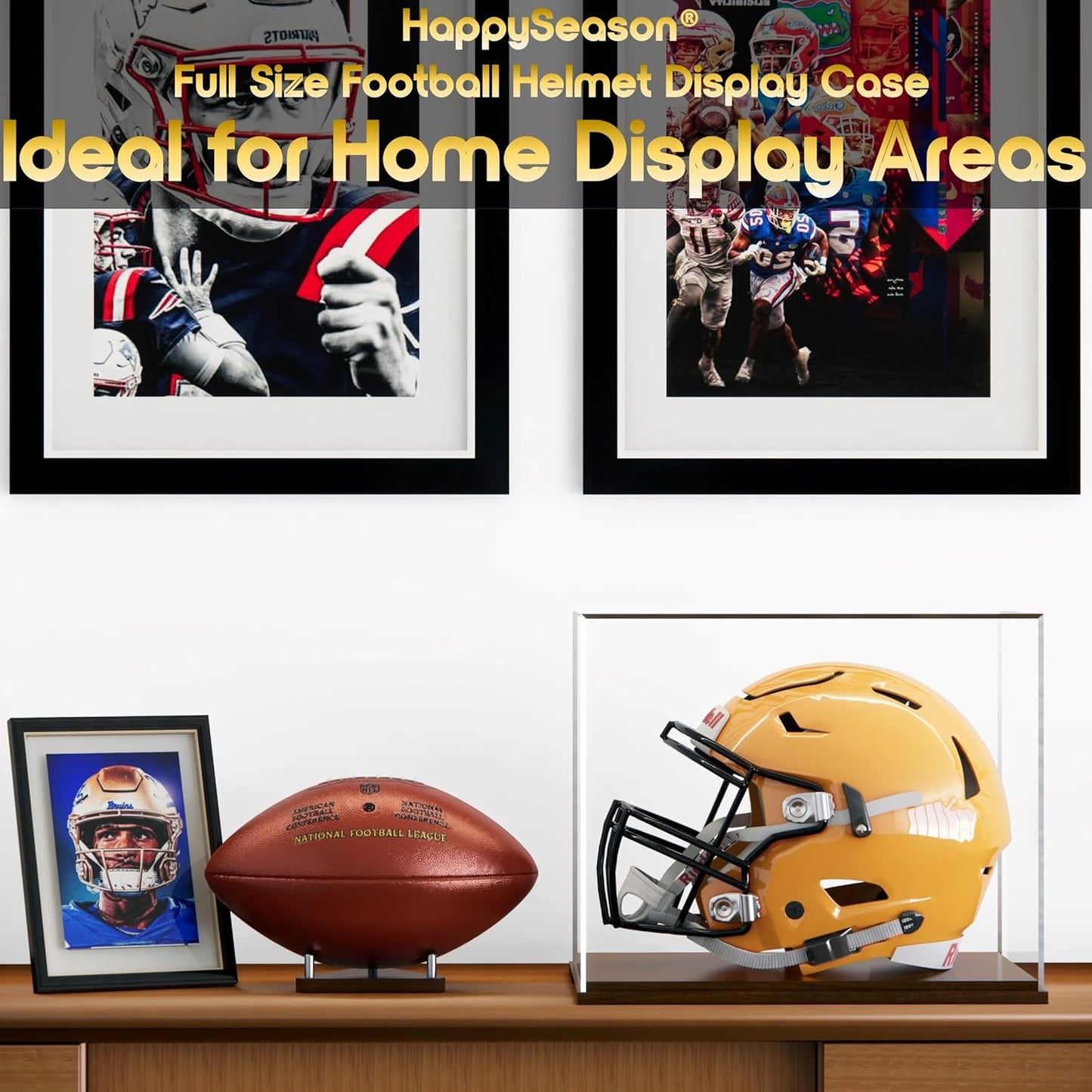 Happyseason Football Helmet Display Case, One-Piece Acrylic Case with Solid Wood Base, No Assembly Required, Full Size Helmet Display Case, Ideal Box for Hockey Helmet, Sports Collectible Memorabilia