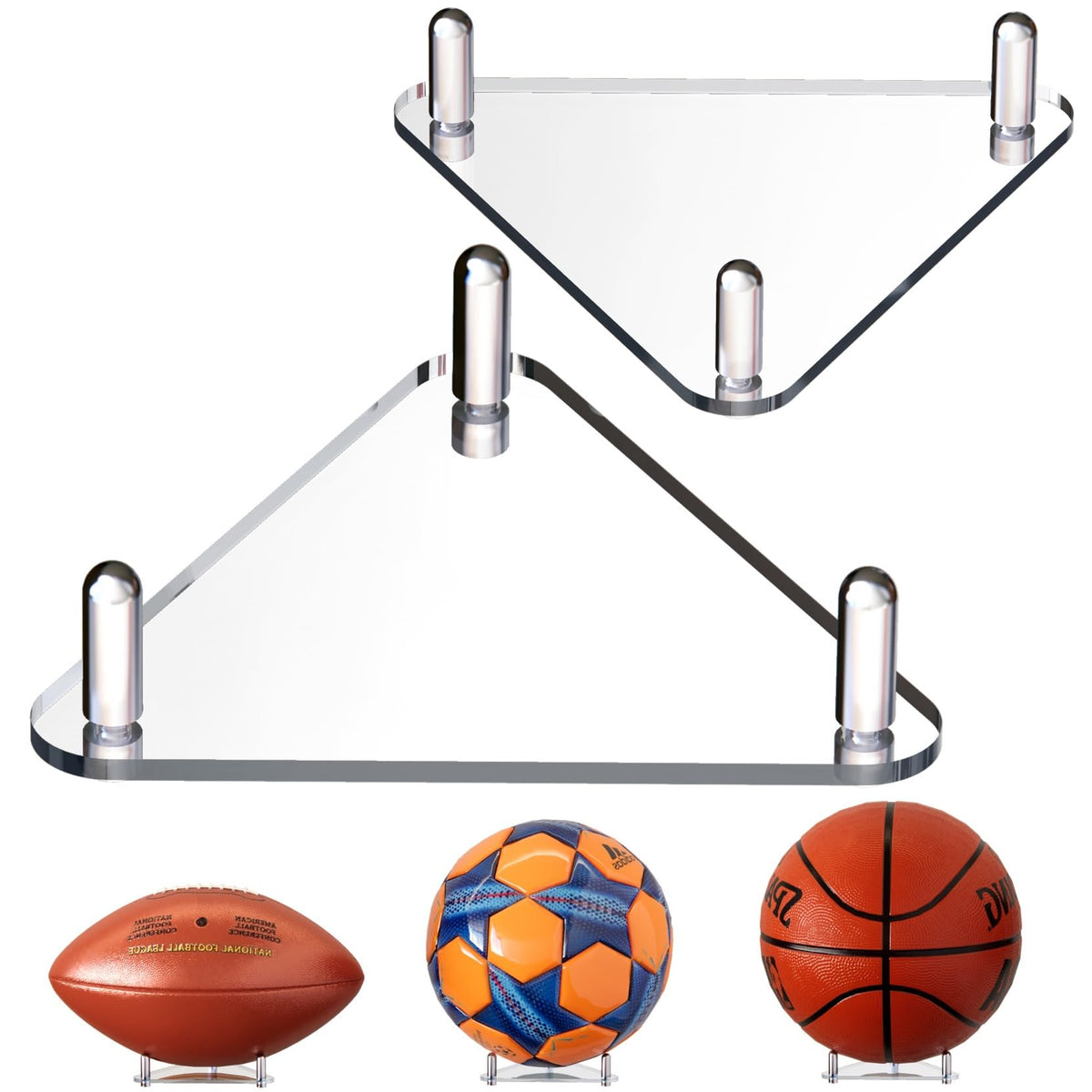 Happyseason 2-Pack Acrylic Football Stand, Basketball Stand with Stainless Steel Rods, Soccer Ball Holder, Volleyball Holder, Round-Edge Rack for Balls, Easy to Assemble (Black)