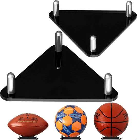 Happyseason 2-Pack Acrylic Football Stand, Basketball Stand with Stainless Steel Rods, Soccer Ball Holder, Volleyball Holder, Round-Edge Rack for Balls, Easy to Assemble (Black)