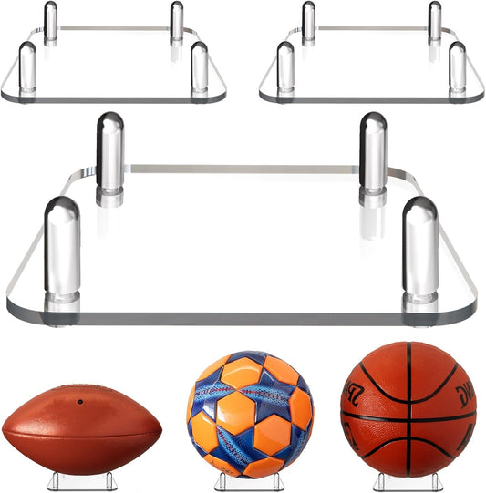Happyseason 3-Pack Acrylic Square Football Stand, Basketball Stand with Stainless Steel Rods, Soccer Ball Holder, Volleyball Holder, Round-Edge Rack for Balls, Easy to Assemble (Clear)