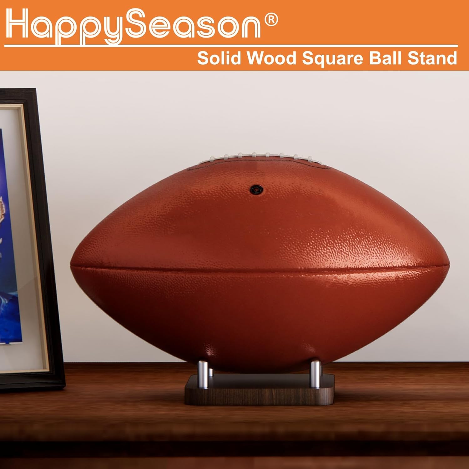 Happyseason 2-Pack Square Wood Football Stand, Basketball Stand with Stainless Steel Rods, Soccer Ball Holder, Volleyball Holder, Round-Edge Design for Balls, Easy to Assemble (Brown)