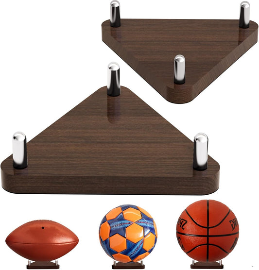 Happyseason 2-Pack Wood Football Stand, Basketball Stand with Stainless Steel Rods, Soccer Ball Holder, Volleyball Holder, Round-Edge Rack for Balls, Easy to Assemble (Brown)