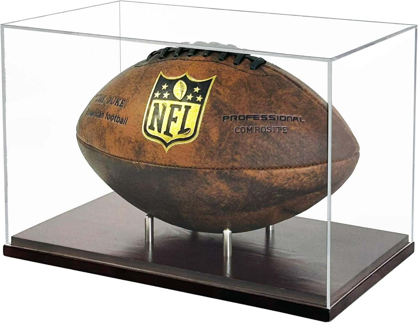 Football Display Case, One-Piece Acrylic Case with Solid Wood Base, Stainless Steel Rods for Full Size Football, Clear,UV-Protected Football Holder for Football Fans & Collectors, No Assembly Required