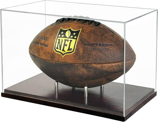 Football Display Case, One-Piece Acrylic Case with Solid Wood Base, Stainless Steel Rods for Full Size Football, Clear,UV-Protected Football Holder for Football Fans & Collectors, No Assembly Required