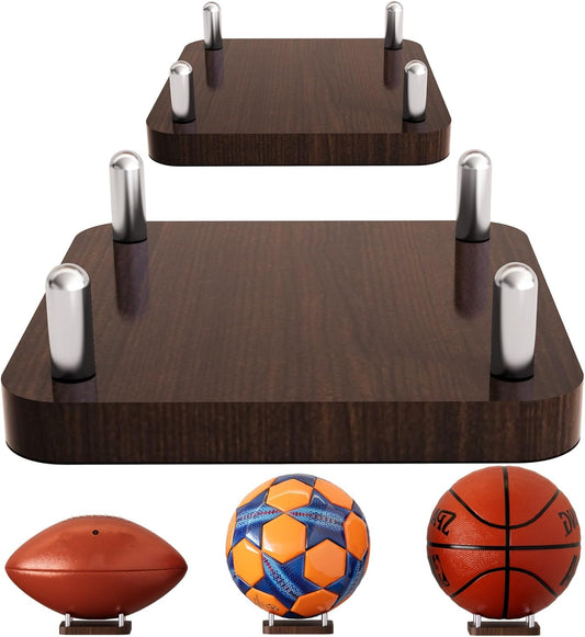 Happyseason 2-Pack Square Wood Football Stand, Basketball Stand with Stainless Steel Rods, Soccer Ball Holder, Volleyball Holder, Round-Edge Design for Balls, Easy to Assemble (Brown)