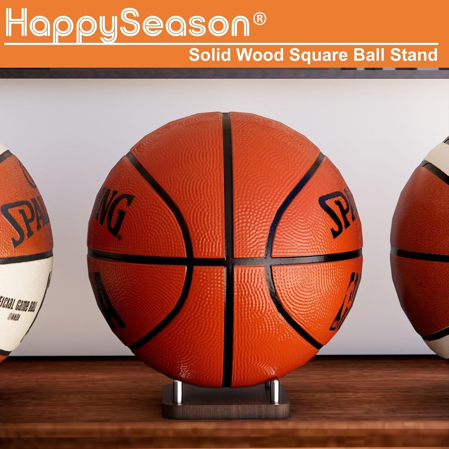 Happyseason 2-Pack Square Wood Football Stand, Basketball Stand with Stainless Steel Rods, Soccer Ball Holder, Volleyball Holder, Round-Edge Design for Balls, Easy to Assemble (Brown)