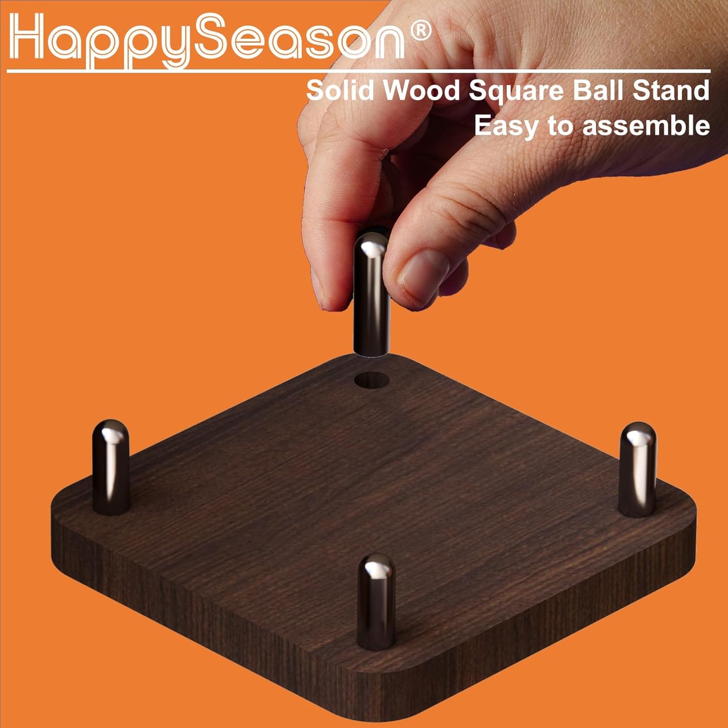 Happyseason 2-Pack Square Wood Football Stand, Basketball Stand with Stainless Steel Rods, Soccer Ball Holder, Volleyball Holder, Round-Edge Design for Balls, Easy to Assemble (Brown)