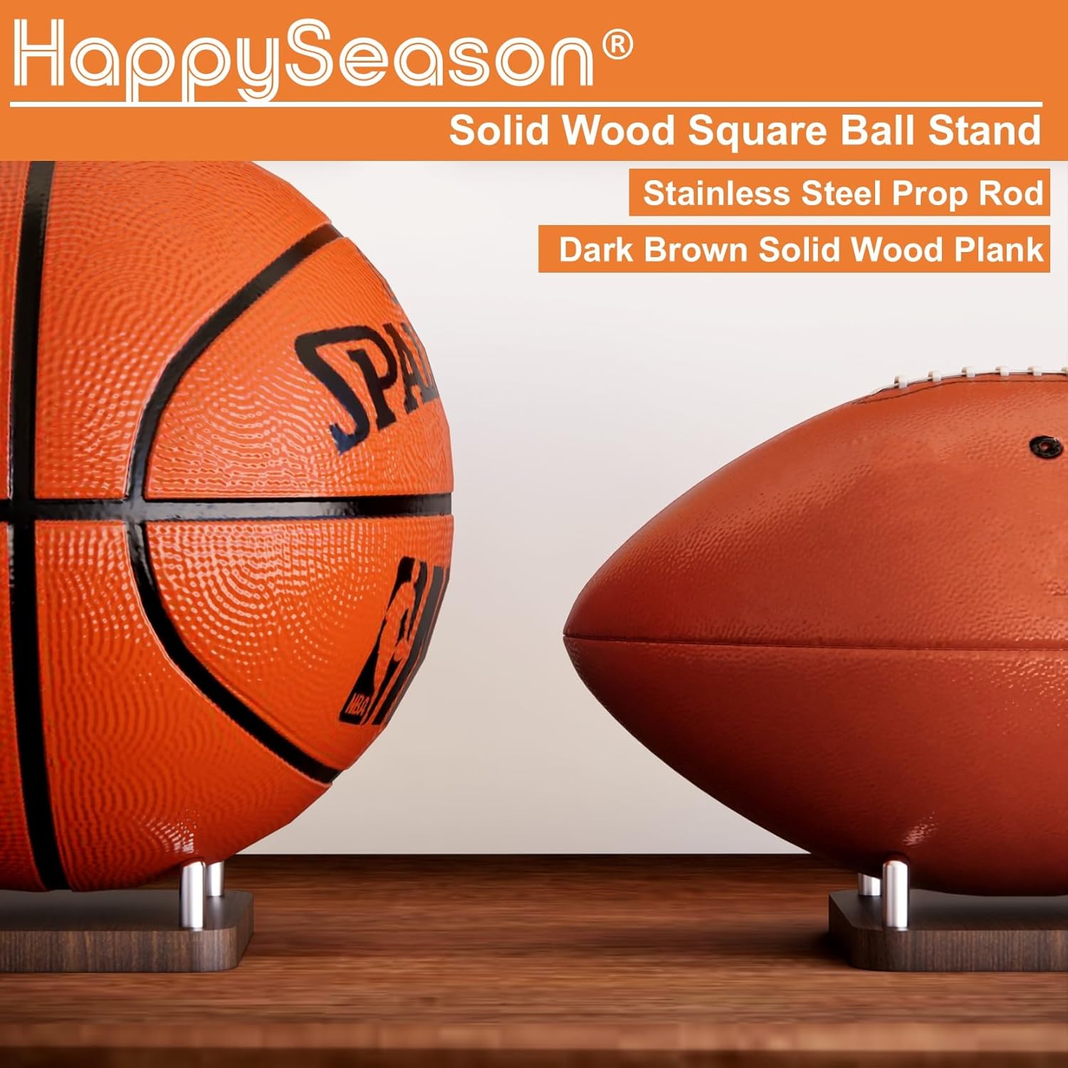 Happyseason 2-Pack Square Wood Football Stand, Basketball Stand with Stainless Steel Rods, Soccer Ball Holder, Volleyball Holder, Round-Edge Design for Balls, Easy to Assemble (Brown)