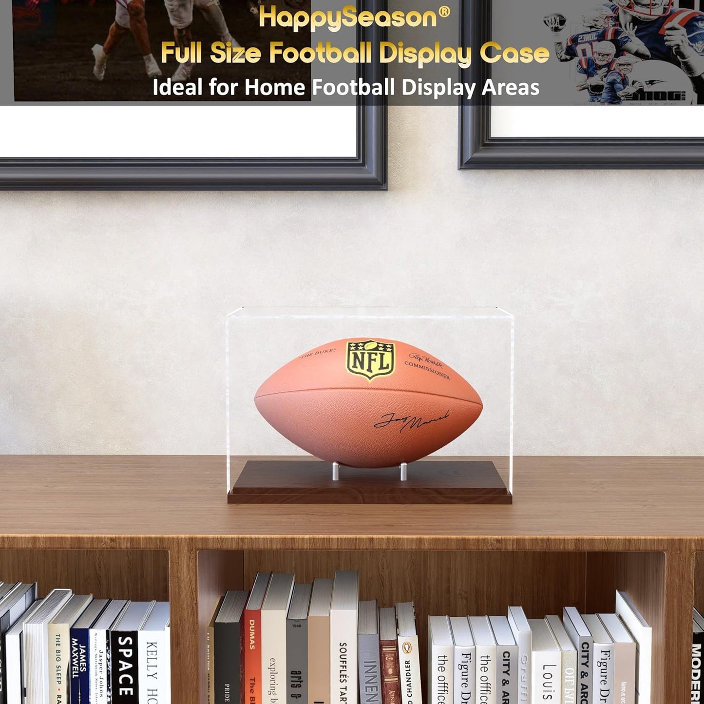 Football Display Case, One-Piece Acrylic Case with Solid Wood Base, Stainless Steel Rods for Full Size Football, Clear,UV-Protected Football Holder for Football Fans & Collectors, No Assembly Required