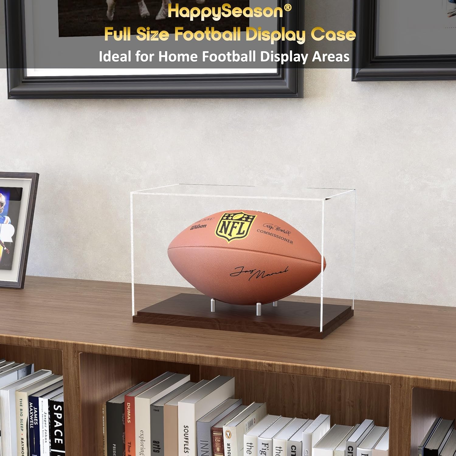 Football Display Case, One-Piece Acrylic Case with Solid Wood Base, Stainless Steel Rods for Full Size Football, Clear,UV-Protected Football Holder for Football Fans & Collectors, No Assembly Required