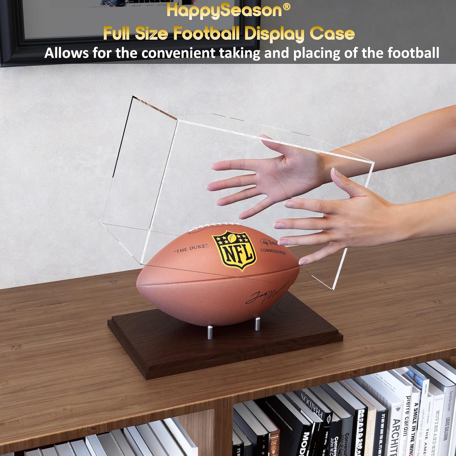 Football Display Case, One-Piece Acrylic Case with Solid Wood Base, Stainless Steel Rods for Full Size Football, Clear,UV-Protected Football Holder for Football Fans & Collectors, No Assembly Required