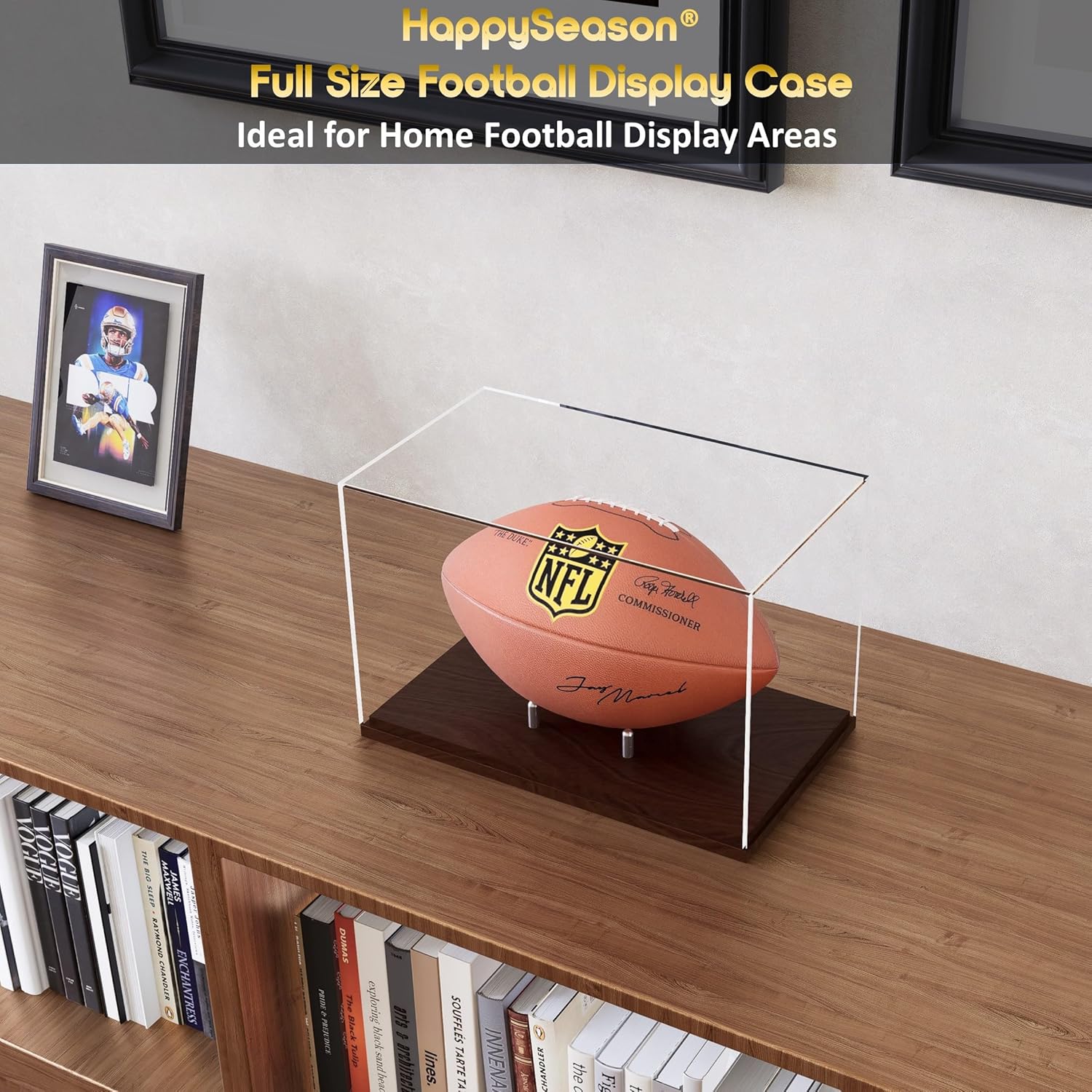 Football Display Case, One-Piece Acrylic Case with Solid Wood Base, Stainless Steel Rods for Full Size Football, Clear,UV-Protected Football Holder for Football Fans & Collectors, No Assembly Required